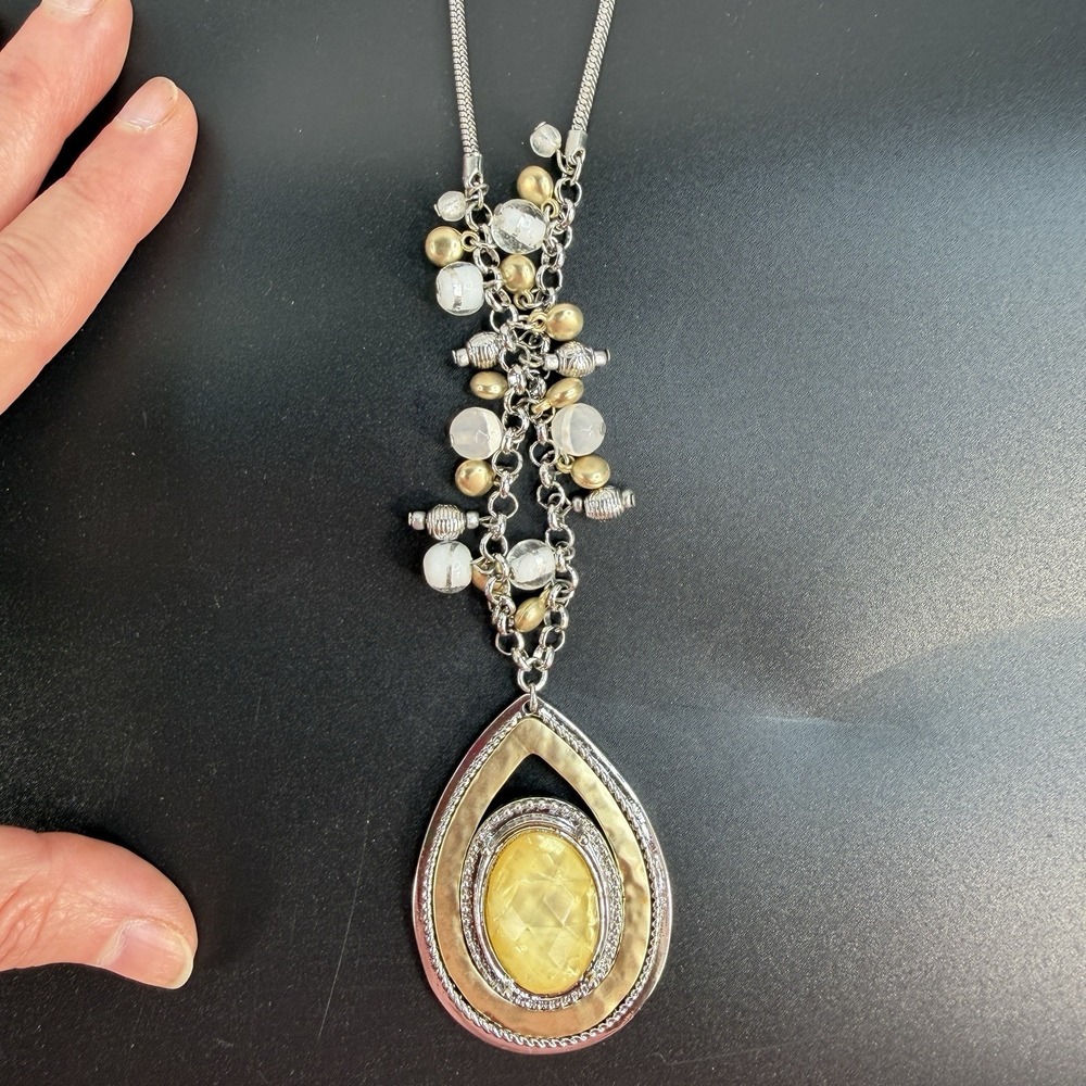 Chico's Statement Necklace Gold  Silver Tone Teardrop Cluster Adjustable Length